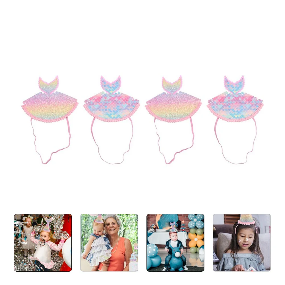 

4Pcs Mermaid Tail Birthday Hats Kid Birthday Party Caps Elastic Band Shiny Sequin Photo Props Party Supplies Photo Props