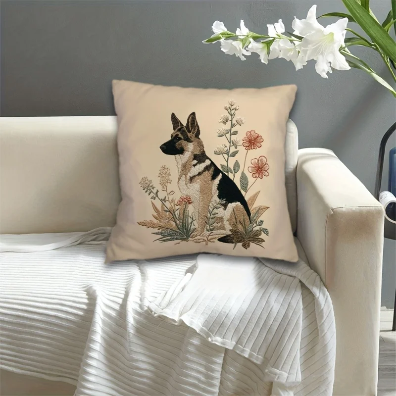 Vintage Dog Art German Shepherd Botanical Floral Illustration Pillowcase Cushion Cover Romantic Nature Lover Gift Home Decor Bed
