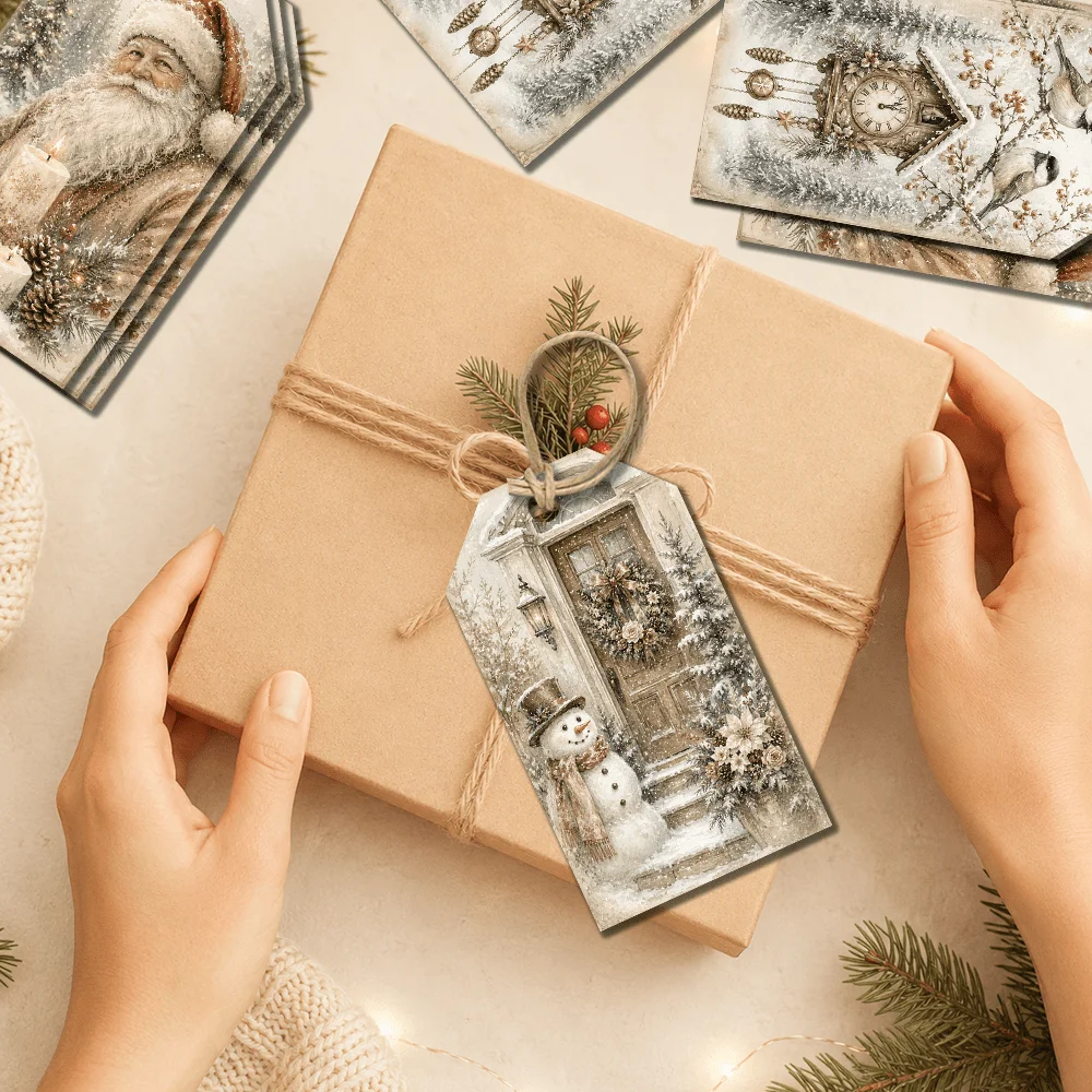 40pcs Vintage Retro Christmas Decorative Tags, Holiday Gift Labels, Party Decorations, Handmade Packaging Accents, Jute Rope