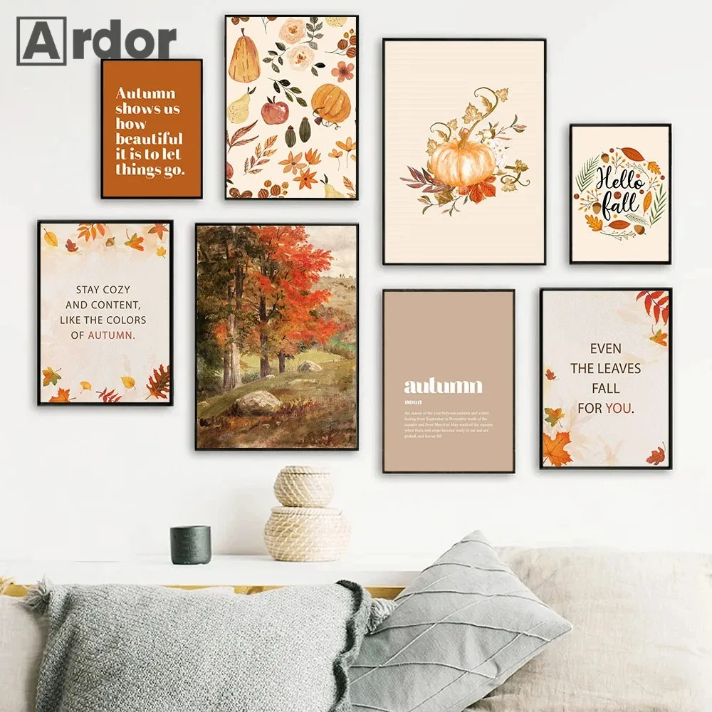 Hello Autumn Pumpkin Wall  Canvas Autumn Scenery Leaf Print Nordic Wall Painting Living Room Interior Decoration