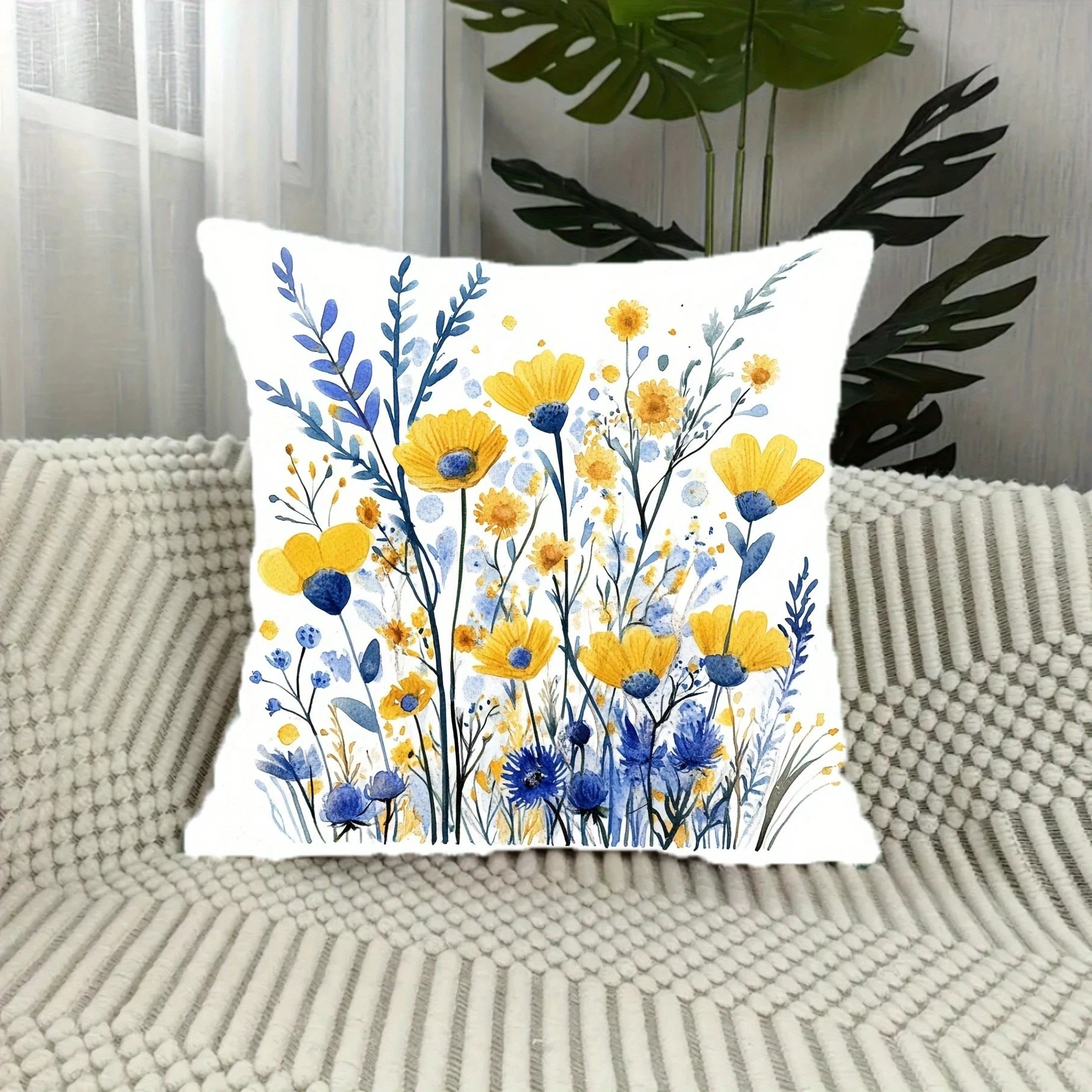 Bohemian Floral Pillow Cover, Double Sided Blue Yellow Wildflower Print, Washable for Sofa Bedroom Decor