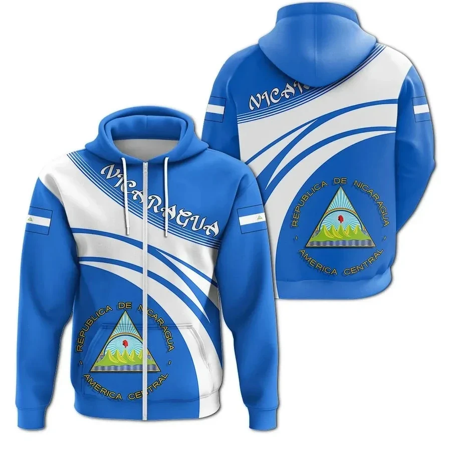 2023 New Nicaragua Flag Hoodie 3D Casual Fashion Men's and Women's Zip Hoodie 3D Casual Coat Zipper Hoodie