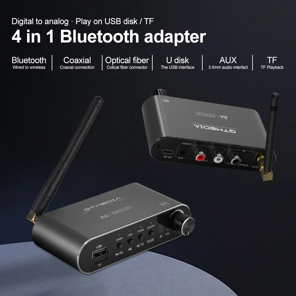 GTMEDIA A4 Wireless Coaxial Bluetooth 5.1 Receiver Transmitter 3.5mm Audio Adapter,RCA to AUX,U Disk Jack And TF Card Playback