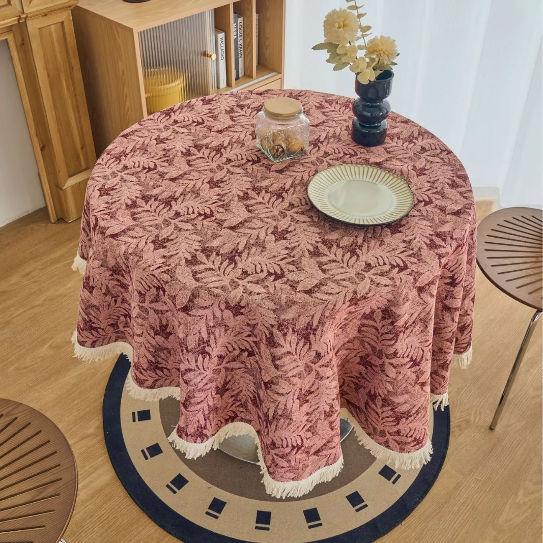 

Vintage Floral Jacquard Tablecloth Boho Style Thick Cotton Linen Round Table Cloth Cover for Home Kitchen Dining Decor