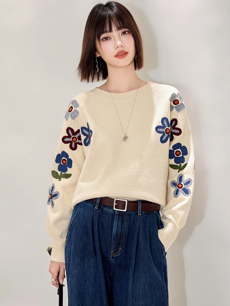 Women Beige Sweater Autumn Winter Floral Embroidered Pullover Knitted O-neck Button Long Sleeve Soft Top Female SW017