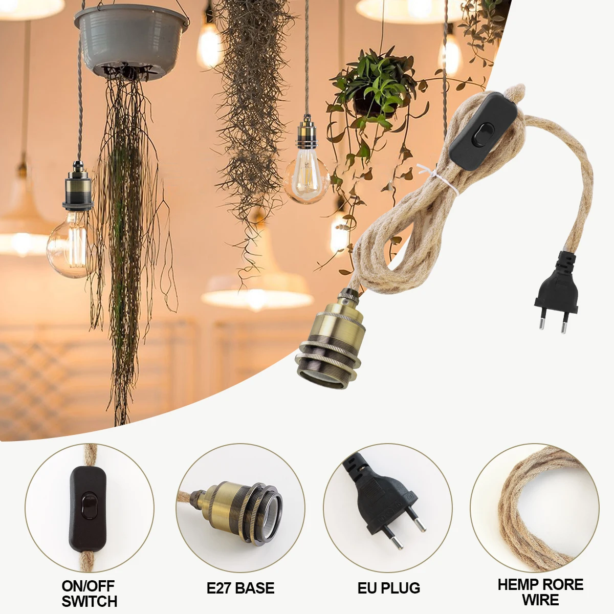 Vintage Power Cord Lampholder Pendant Light 2M Hemp Rope Cables E26 E27 Bulb Socket EU Plug DIY Industrial Pendant Light Fitting