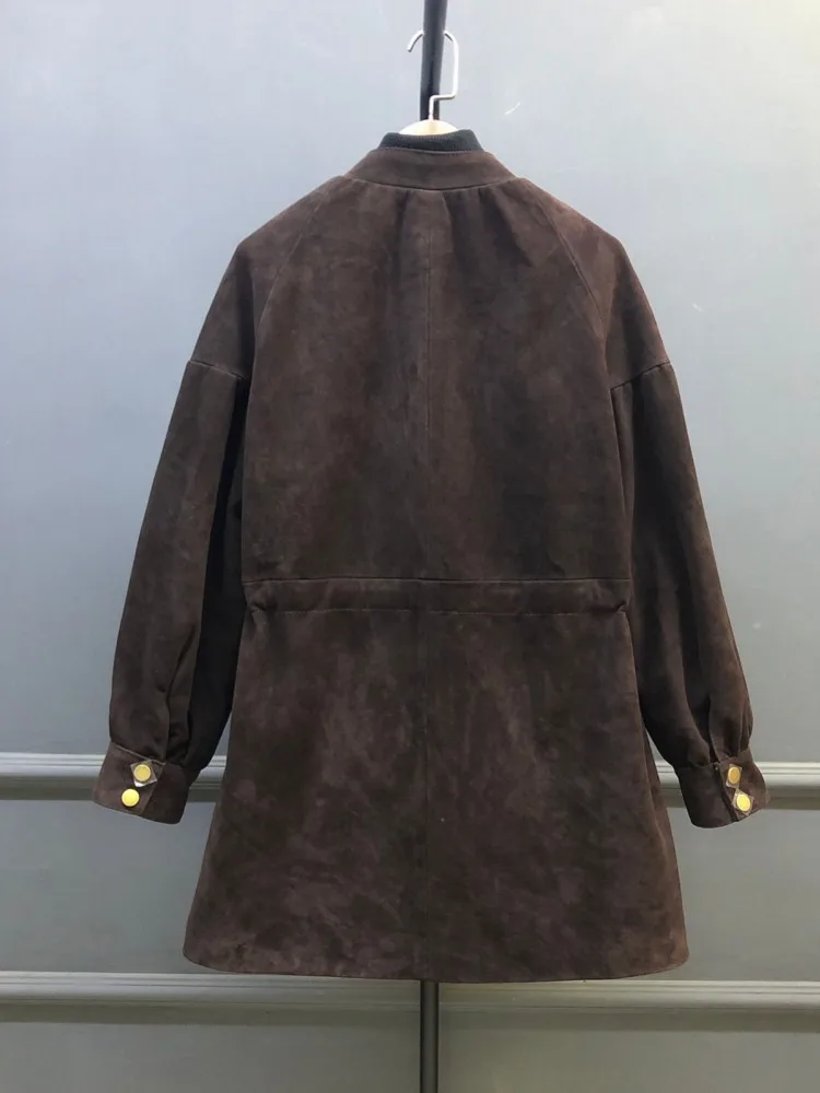 الخريف الشتاء المرأة طويلة سترة جلدية جلد الغزال الحقيقي قابل للتعديل الخصر واحدة الصدر لينة معطف جلد طبيعي خمر خندق جديد