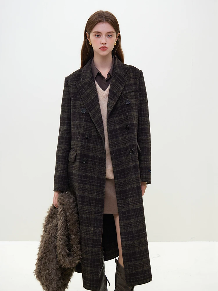 FSLE College Style High-end Green Plaid Double-sided Woolen Coat for Women Winter 2023 New Style Long Wool Coats for Female