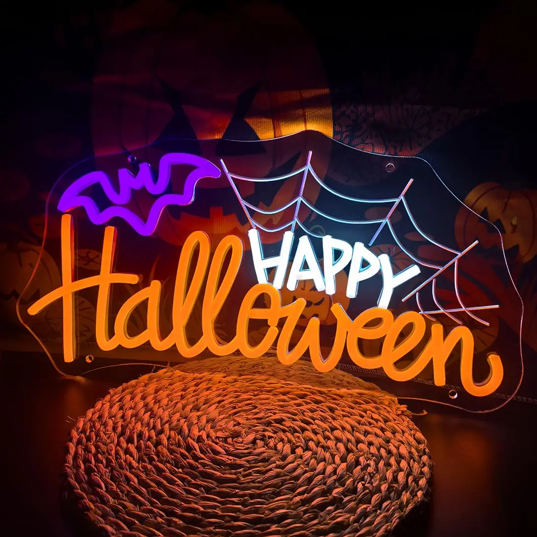 Happy Halloween Spider Web Neon Sign USB Powered Led Light Sign Wall Decor voor Window Home Bar Party Spooky Haunted Mansion Deco