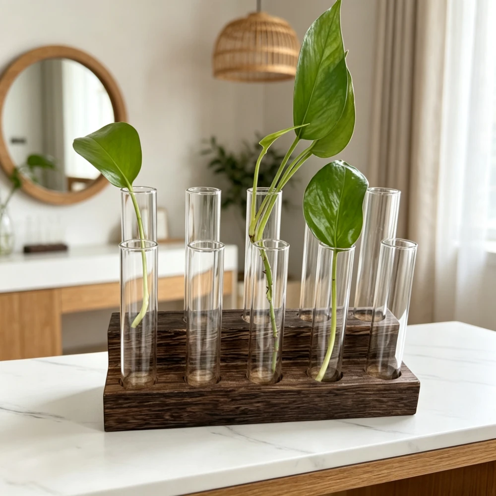 Minimalist Wooden Test Tube Planter Desktop Plant Propagation Station Hydroponic Glass Vase for Home Office Decoration