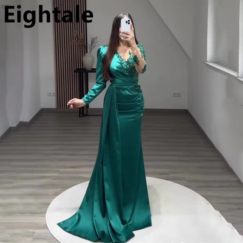 

Eightale Vintage Dark Green Mermaid Evening Dress Long Sleeve Luxury Appliques Side Slit Floor Length Formal Prom Party Gown