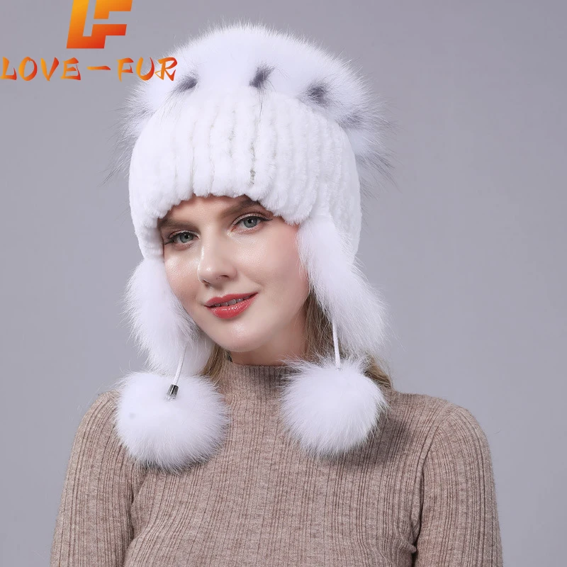 

2024 New Winter Hat For Women Warm Natural Genuine Rex Rabbit Fur Knitted Hats With Ear Flaps Handsewn Fashionable Bomber Hat