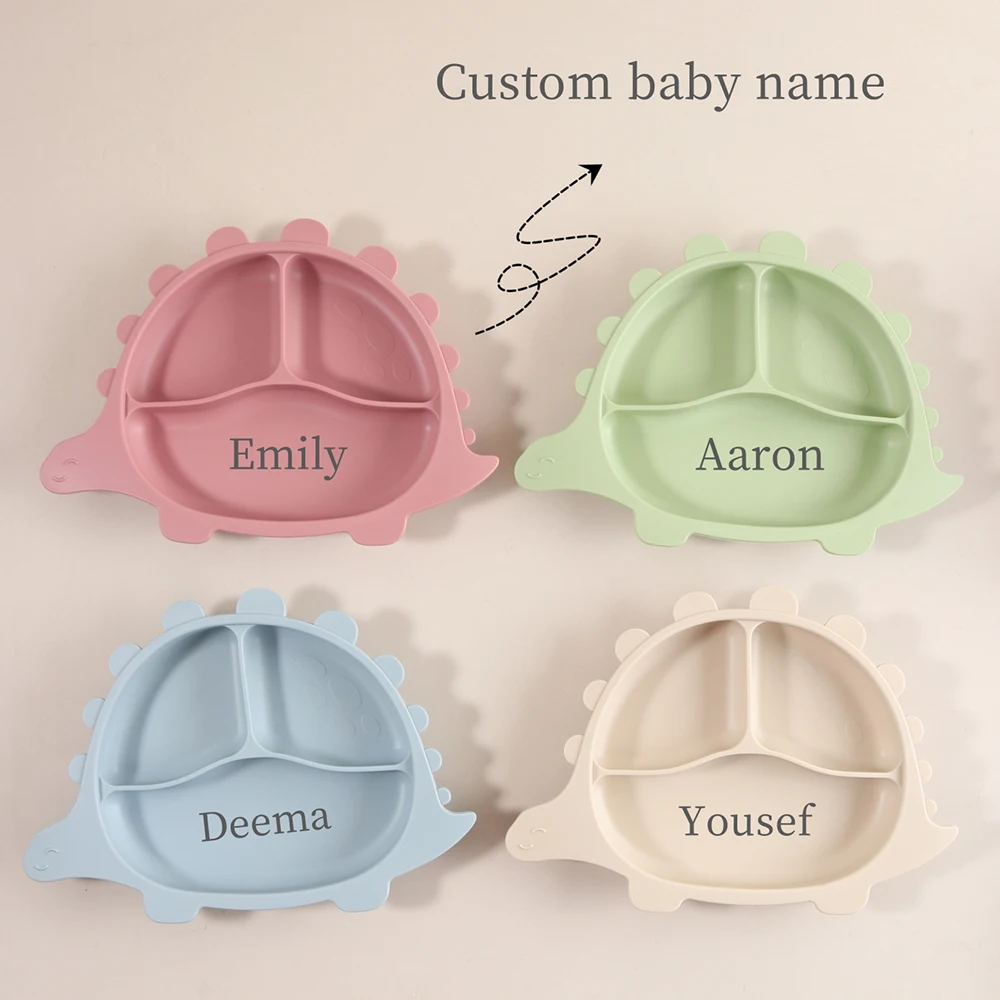 Custom Baby Dinasour Shape Plate Engraved Silicone Feeding Tray | Strong Suction Base for Kids Cartoon Dino Plate