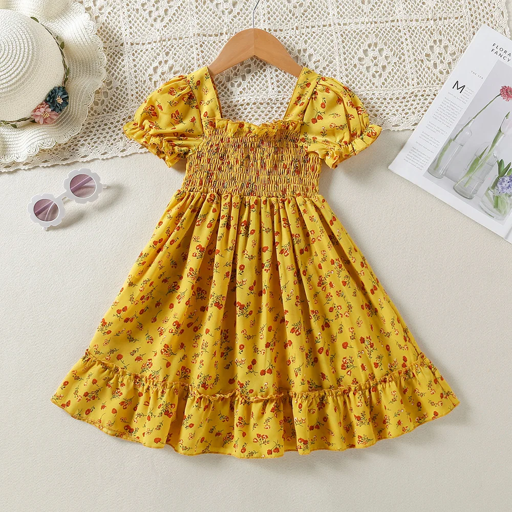 

Children Casual Clothes Costume For Girl 2022 Summer Square Neck Waistband Floral Short Sleeve Elegant Kids Party Princess Dress