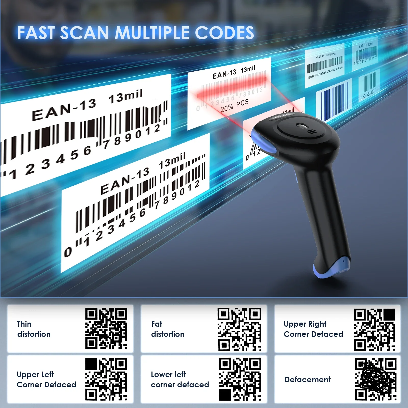 Eyoyo-Lecteur automatique de codes-barres sans fil, OJ, 3 en 1, OJ 034P, Déterminer le lecteur de codes-barres d'image CMOS sans fil