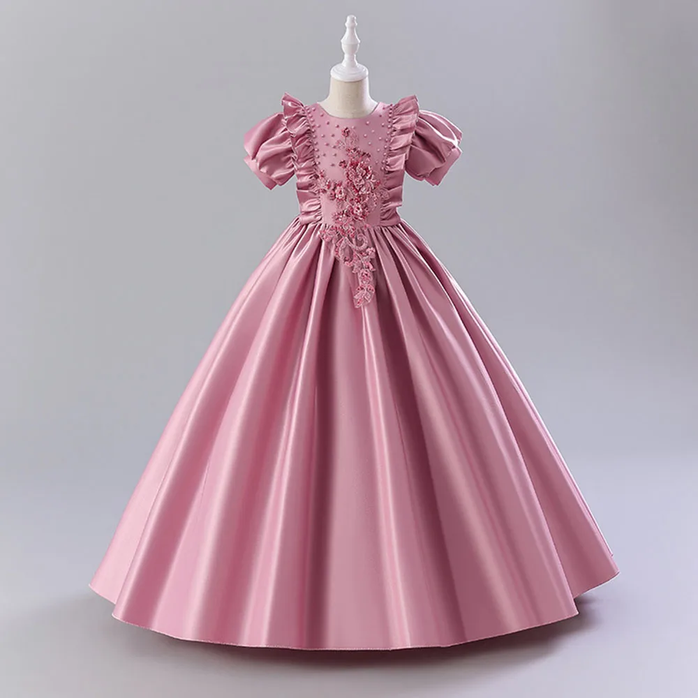 Ruffle Ruched Children Ceremony Dresses Beading Flower Luxury Dress For Young Girls Long Formal Occasion Prom Gowns 3-10 Years