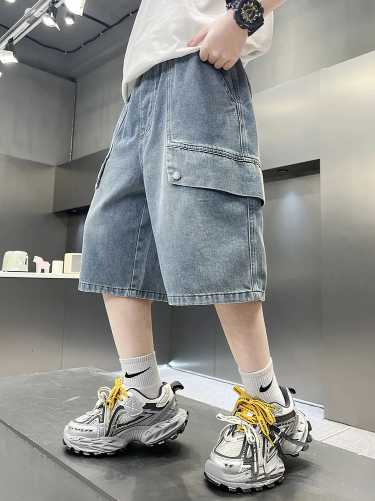 男の子用ルーズフィット薄手デニムショートパンツ夏のファッションブランドカジュアルストレートレッグ伸縮性ウエスト7分丈子供服