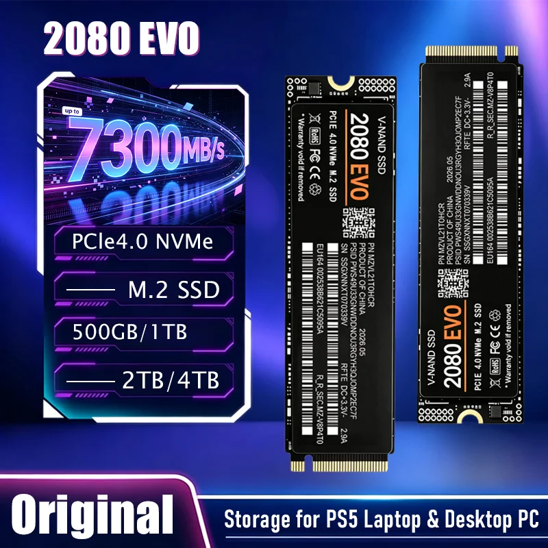 NEW 2080 EVO SSD NVMe M.2 2280 PCIe4.0 x4 7300MB/s TLC 3D NAND Internal Gaming Drive 500GB-4TB for PS5 Desktop Laptop.