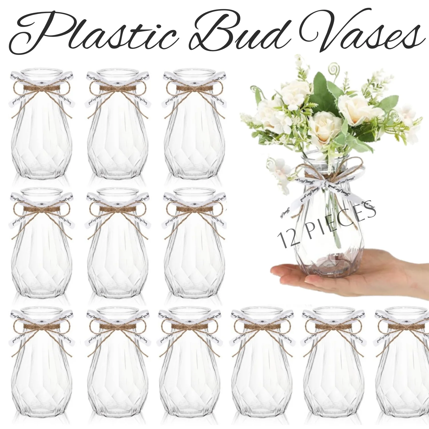 

12Pcs Plastic Bud Vases in Bulk with Gift Wrapping Ribbon Small Vases for Flower Wedding Table Centerpieces Party Home Decor