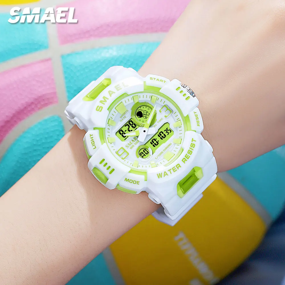 SMAEL Unisex Sport Digital Watch Men Women White Green Dual Time Display Chronograph Quartz Wristwatch with Date Week Alarm 8083