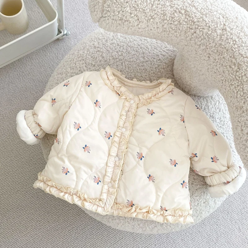 Winter new baby clothing, 0-3 year old female baby, cotton padded thick cardigan with lace print and plush warm jacket