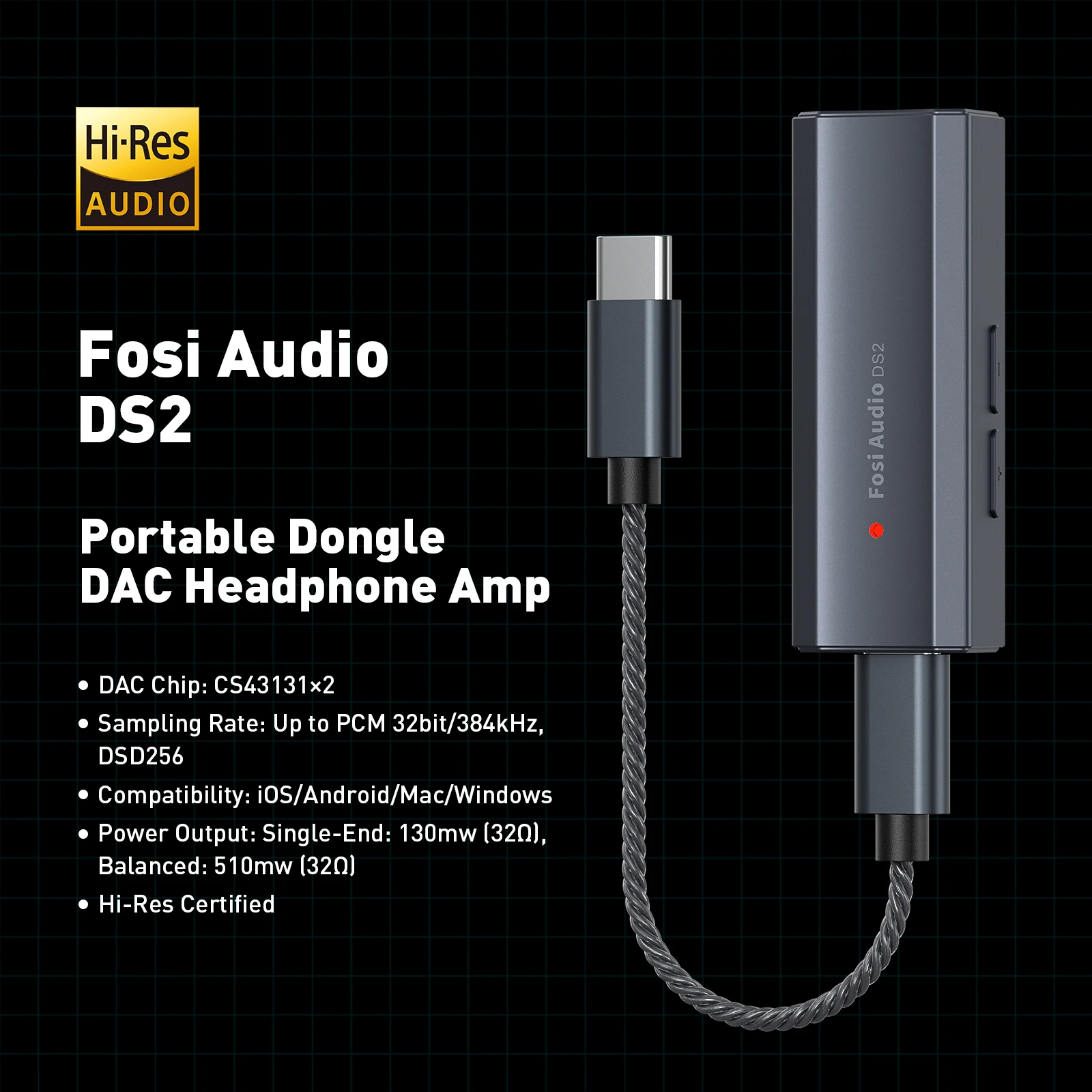 2024 New Fosi Audio DS2 Dual CS43131 Portable USB DAC & AMP Headphone Amplifier Portable Dongle DSD512 32Bit/384 Dual Outputs