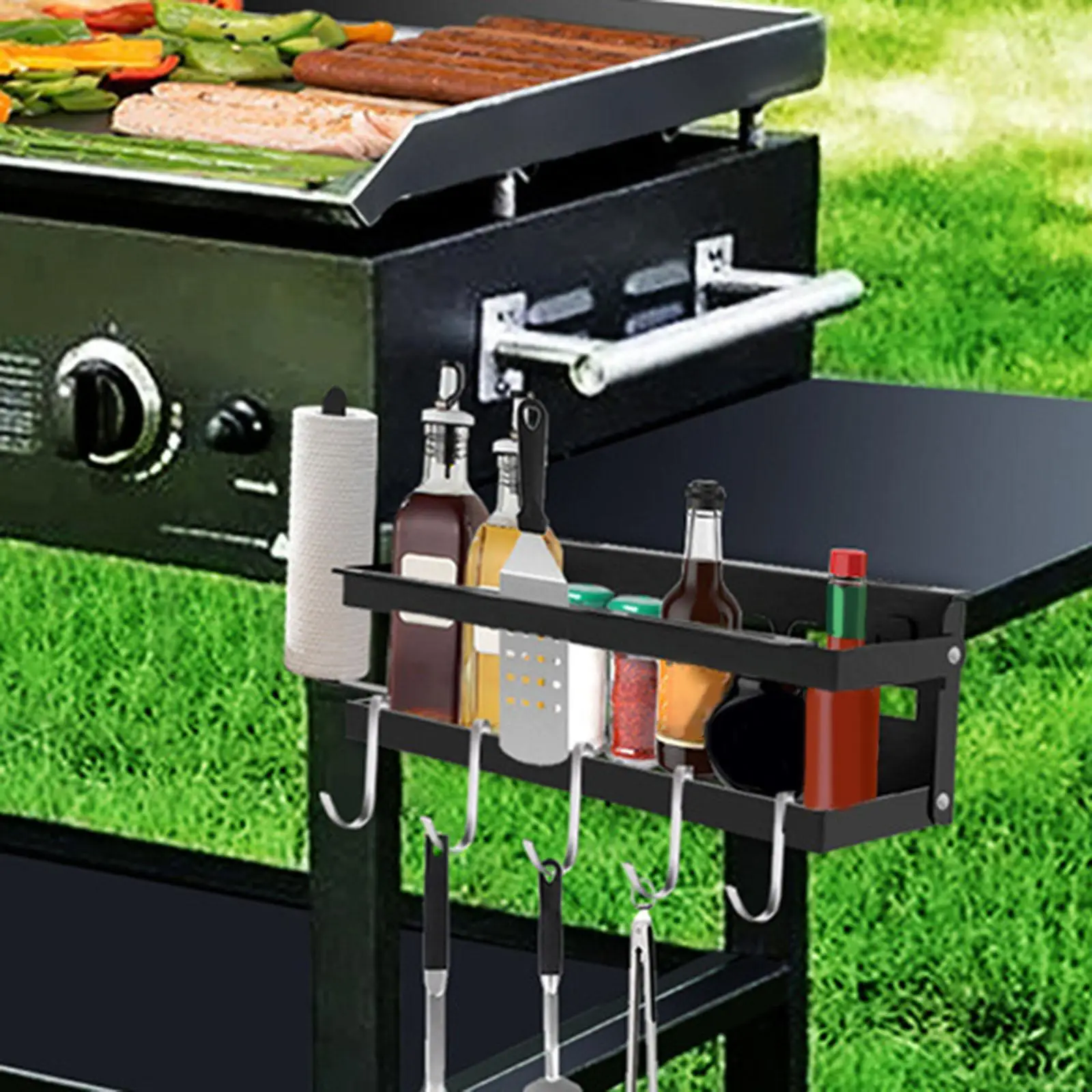 Griddle Accessories Spice Rack Organizer Carbon Steel Foldable Easy Install Outdoor Barbecue Wall Mounted Side Shelf