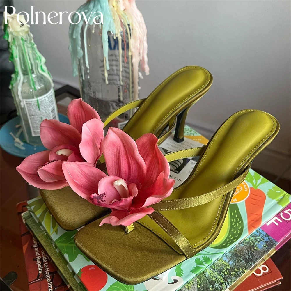 Floral Satin Mules Vacation Style Fashion Seaside Stiletto Slippers Square Toe Handmade Summer Sandals for Women Banqute Shoes