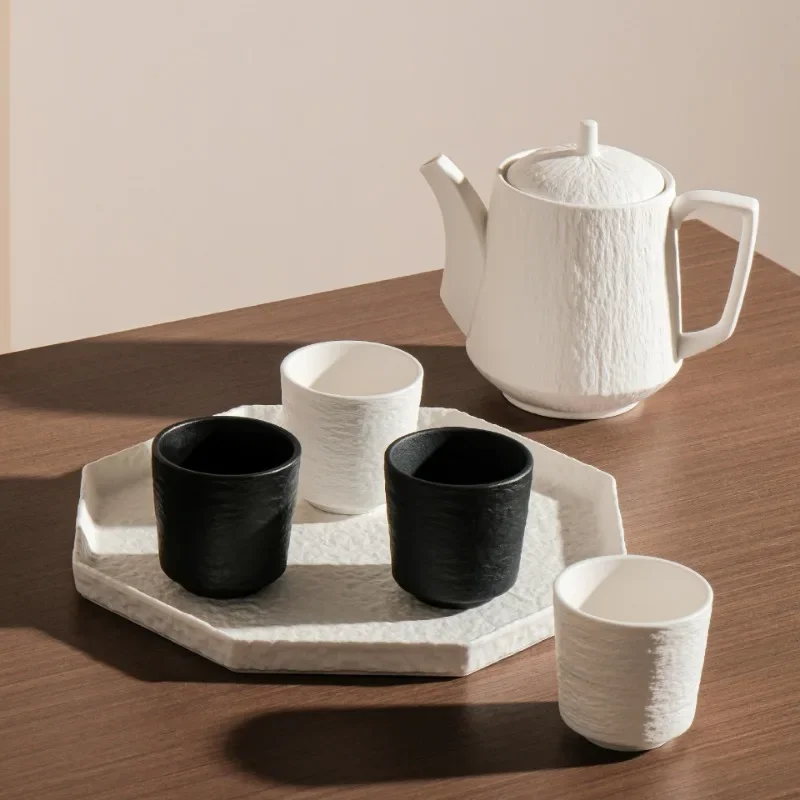 Nordic Household Stone Patterned Ceramic Tea Set Creative Japanese Teapot Tray Teacup,One Pot, Four Cups, One Plate,Gift Box