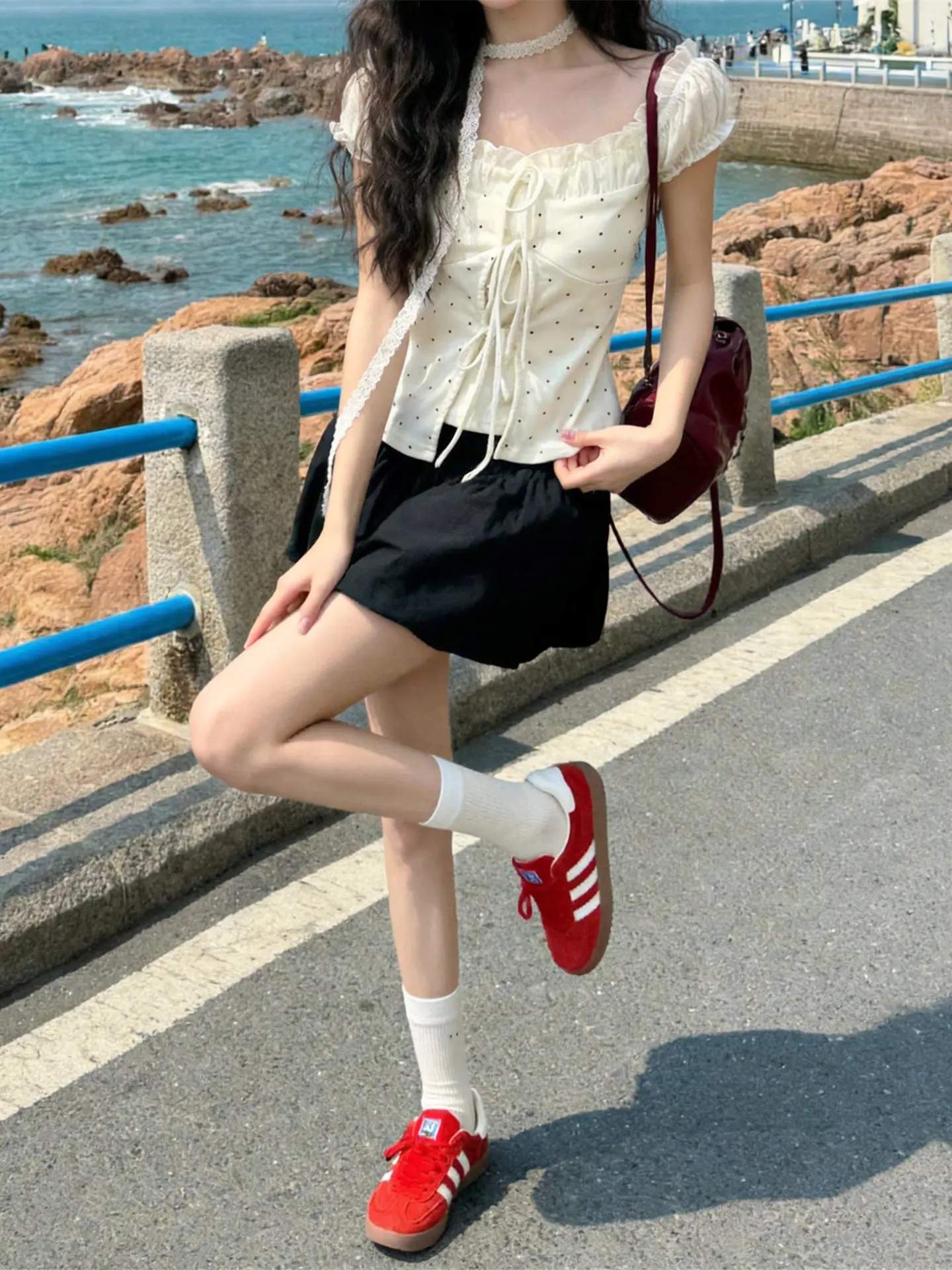 French Style Polka Dot Square Collar Shirt Women's Summer Design  Knot Tie Beautiful Top Unique Elegant Fashionable