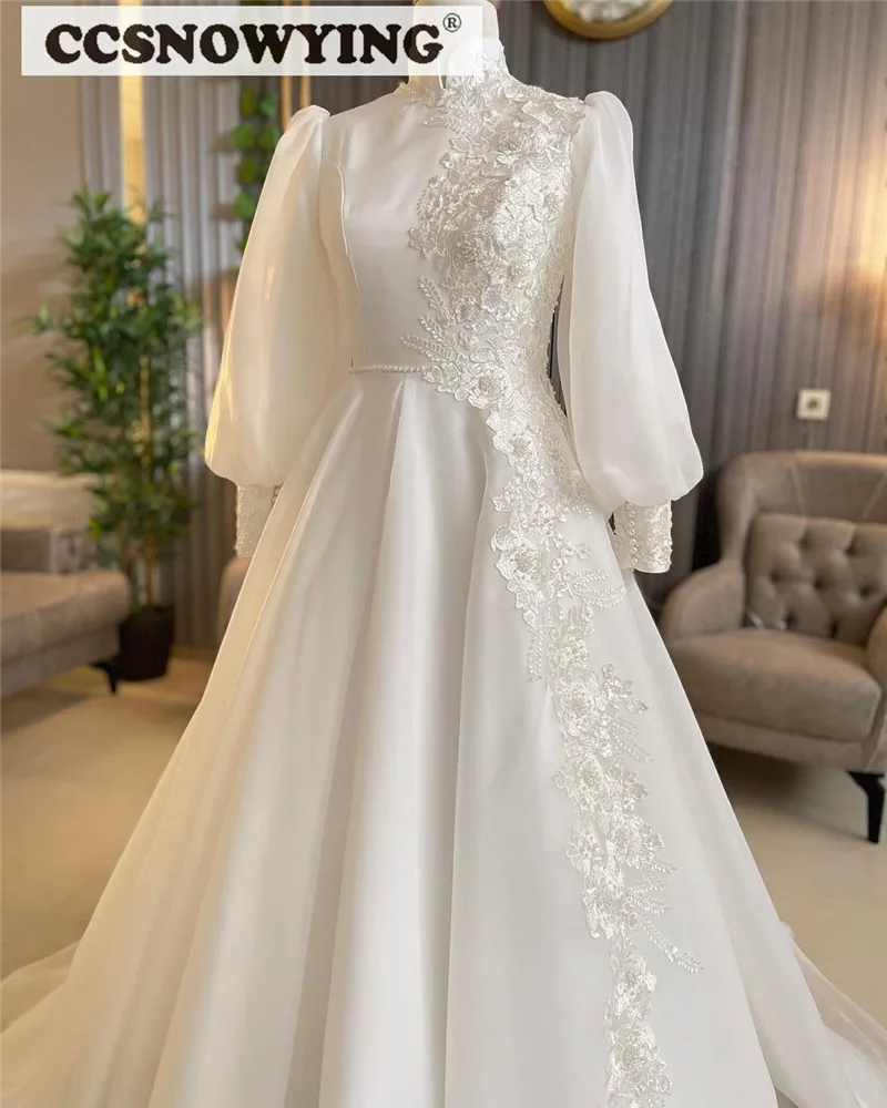 Robe De mariée à manches longues avec Appliques en Organza, robe De mariée islamique à col haut, arabe dubaï, musulmane