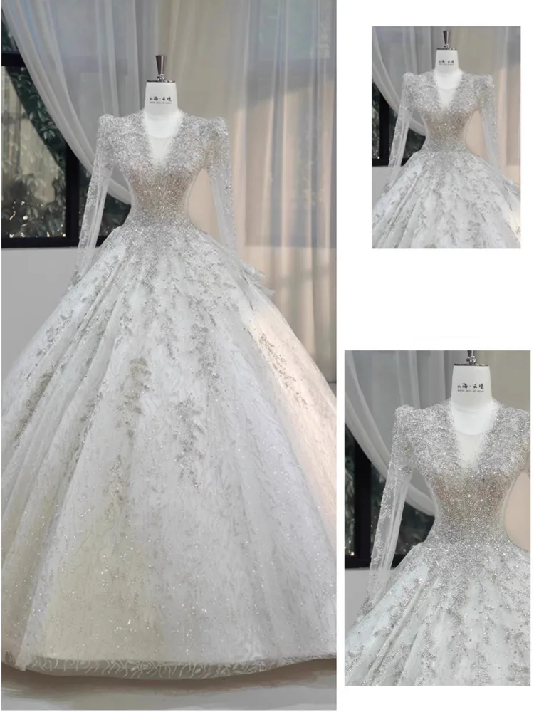 DFDG Vestido de novia de alta costura con cuello en V, manga larga, blanco, lujoso, trabajo pesado, encaje, novia, ceremonia principal de primavera y verano, 2025