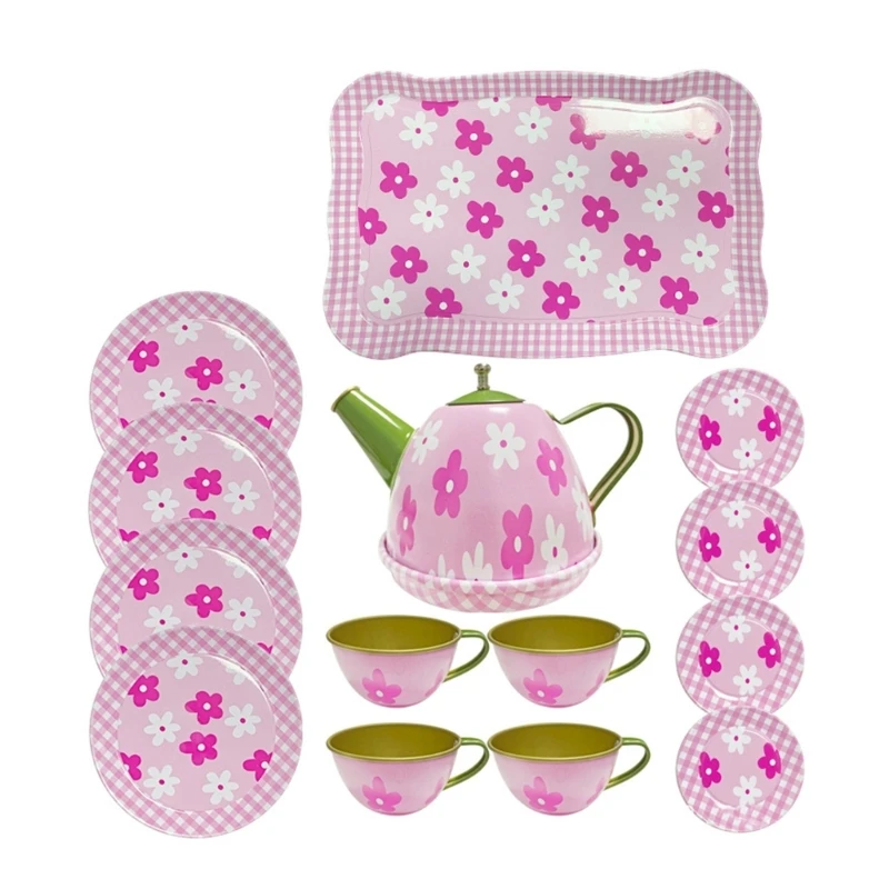 Juego de té M76C para niñas pequeñas, juego de té de la tarde, accesorio de utensilios de cocina de Metal, bandeja, olla, tazas, platos