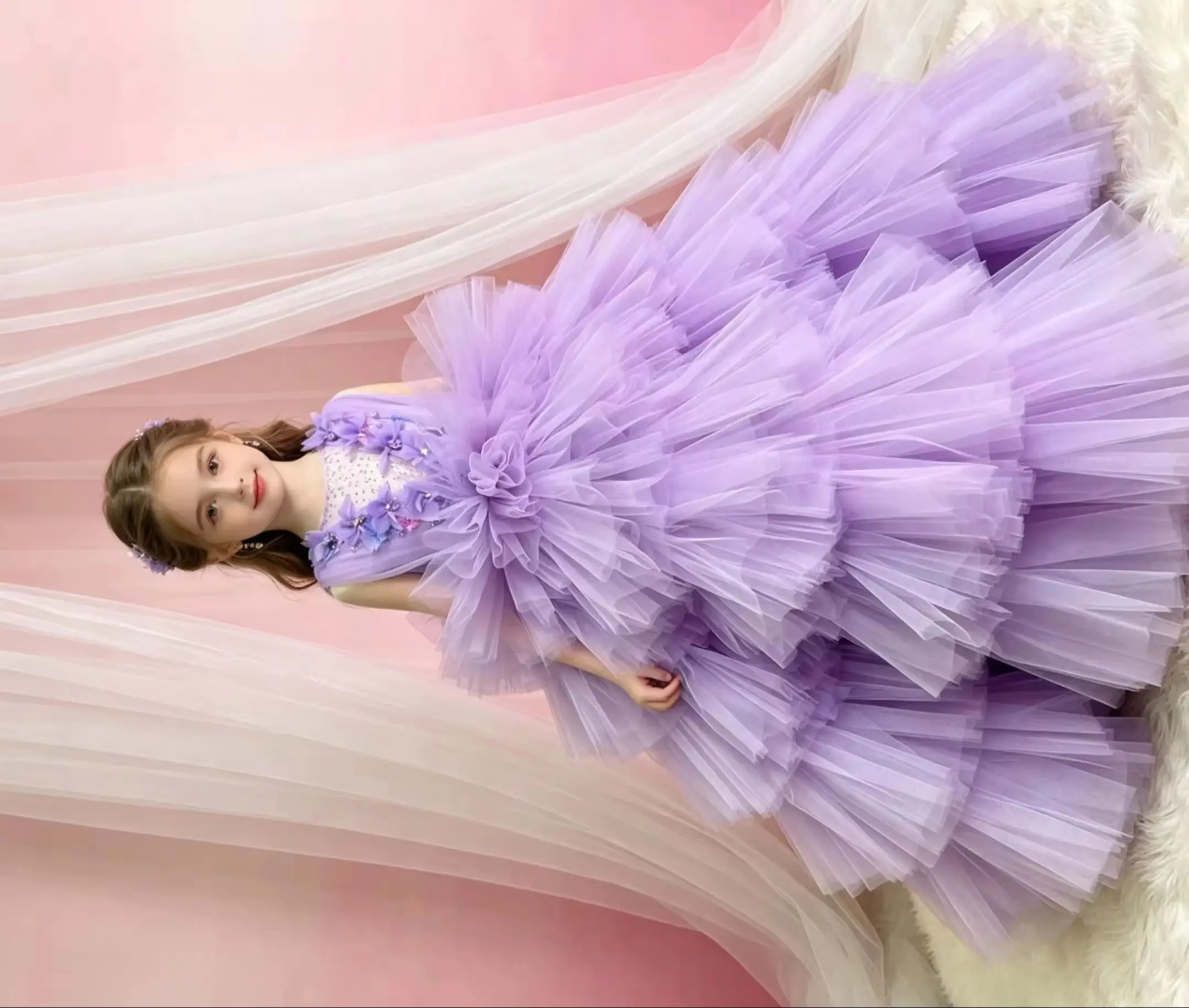 

Light Purple Custom Flower Girl Dress for Wedding Sleeveless Tulle Tiered Kids Birthday Party First Communion Ball Gown