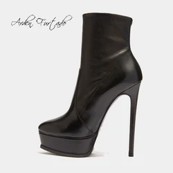 Arden Furtado 2024 Autumn Elastic PU Platform Thin heels Short boots Round toe Patchwork Slip-on Super high heel Modern boots
