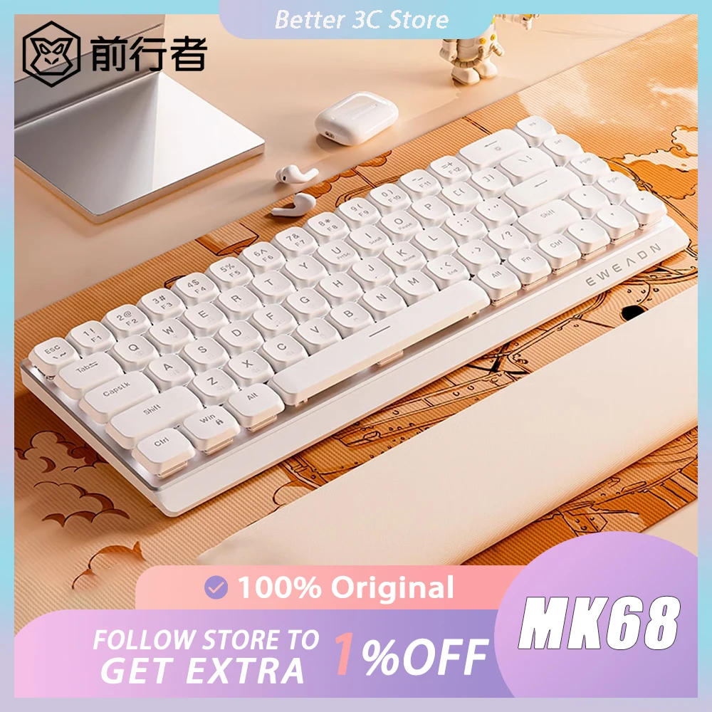 

EWEADN MK68 Mechanical Keyboard Three Mode White Light Lightweight Wireless Gaming Keyboard Ergonomics Pc Gamer Accessory Office