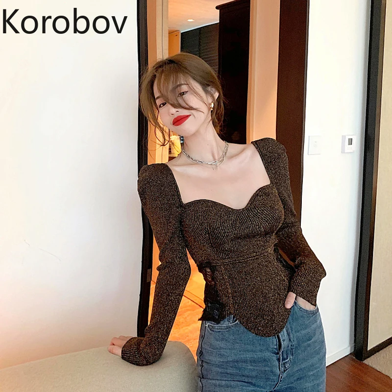 Korobov 2020 New Chic Korean Sueter Mujer Vintage Square Collar Elegant Female Pullovers Autumn Winter Knit Slim Jumper Femme