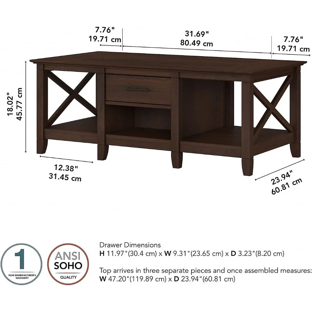 Coffee Table with Storage with Aged Bronze Hardware | Center Counter for Living Room, 47Wx24Dx18H Coffee Tables