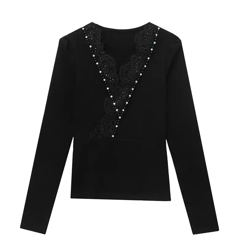 

New Arrivals Women's Chic Sexy Lace V-Neck Cotton T-Shirt Elegant Handmade Beading Diamonds Tees Slim Ladies Long Sleeve Tops
