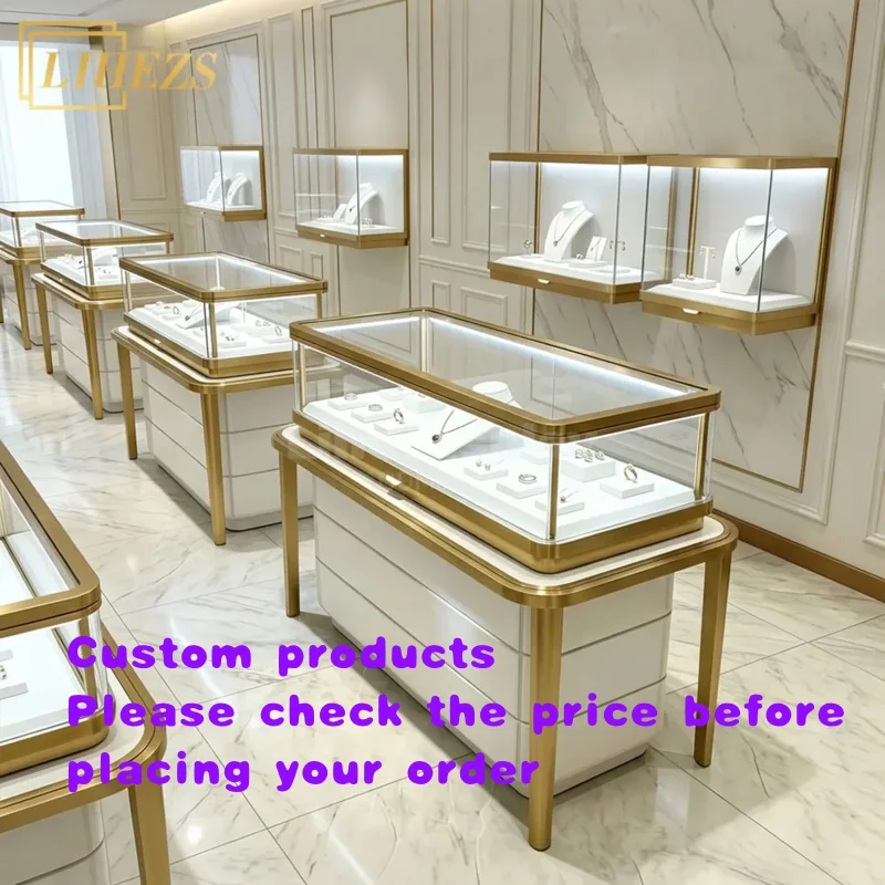 custom.Vintage LED Lighting Brass Top Glass Rectangular Glossy White Retail Jewelry Display Table