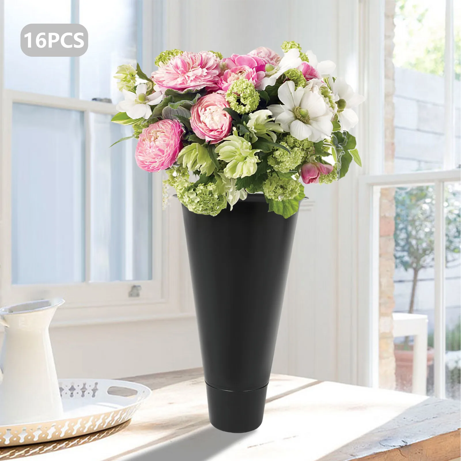 16Pcs PP Flower Buckets Flower Display Buckets Garden Party Wedding Flower Display Black
