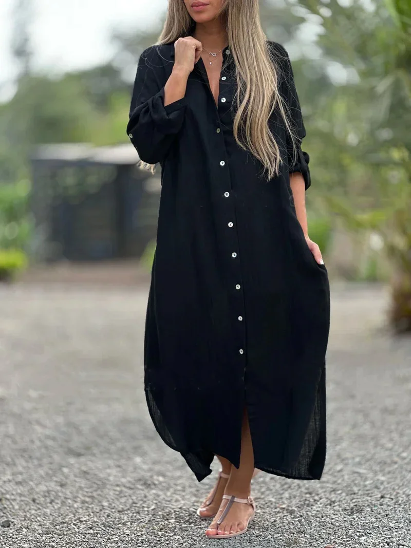 Simple Style Solid Color Cotton Linen Dresses Women Lapel Long Sleeve Single-breasted Cardigan Dress Female Double Pockets Gown