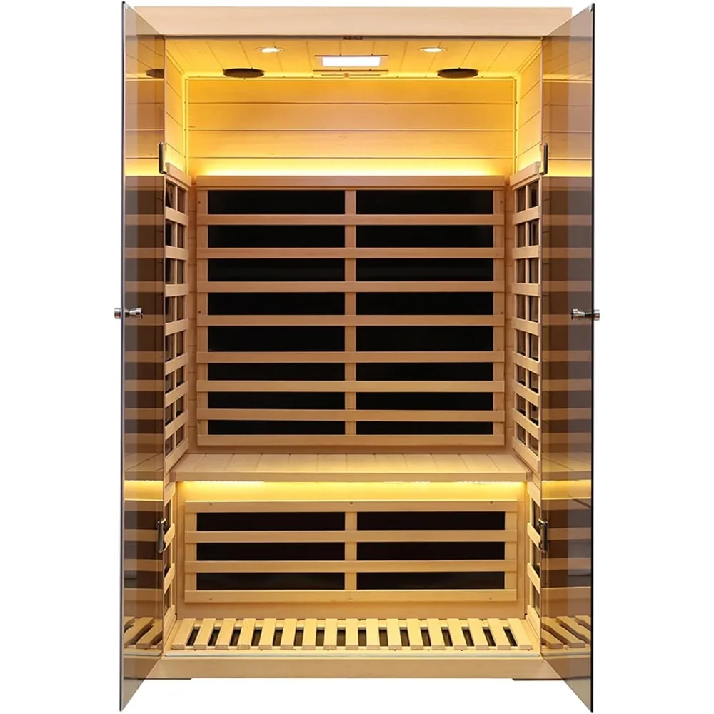 Saunas 2 Person Low EMF Far Infrared, Luxury Tempered Glass Doors, Bluetooth Speakers, Chromotherapy Lights Home Indoor Sauna