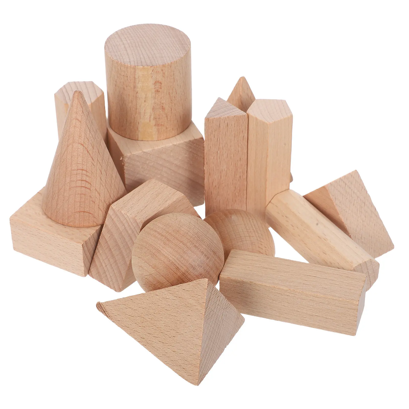 

15Pcs Wood Blocks for Kids Natural Geometric Solid Shapes Toddler Early Learning Stacking Sorting Educational Activity