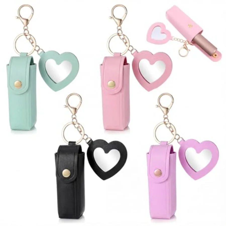 

4 PCS PU Leather Lip Gloss Keychain, Lipstick Holder Key Chain with Mirror Portable Lipstick Holder Lip Balm Organizer Holders