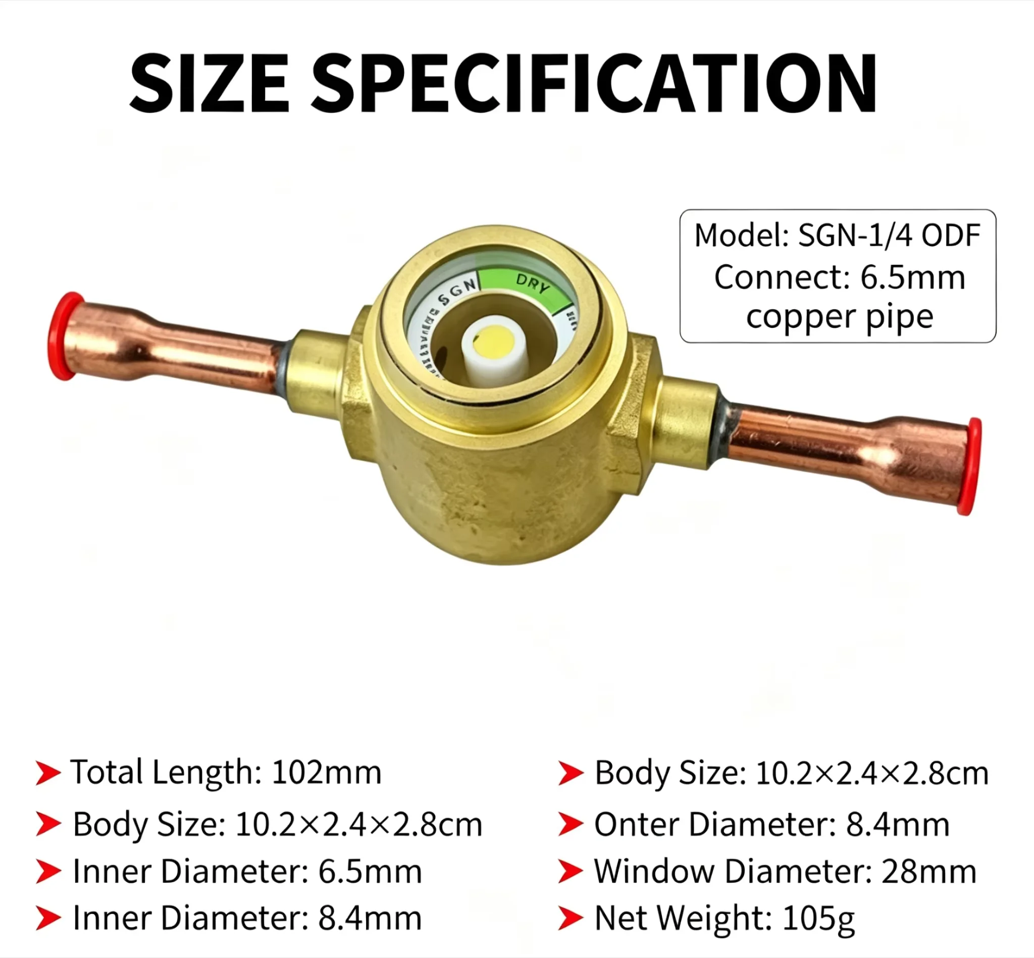 1Pcs 10.2×2.4×2.8cm SGN‑1/4 ODF Refrigerant Sight Glass FIT FOR Central Air‑Conditioner Cold Storage Refrigeration Unit