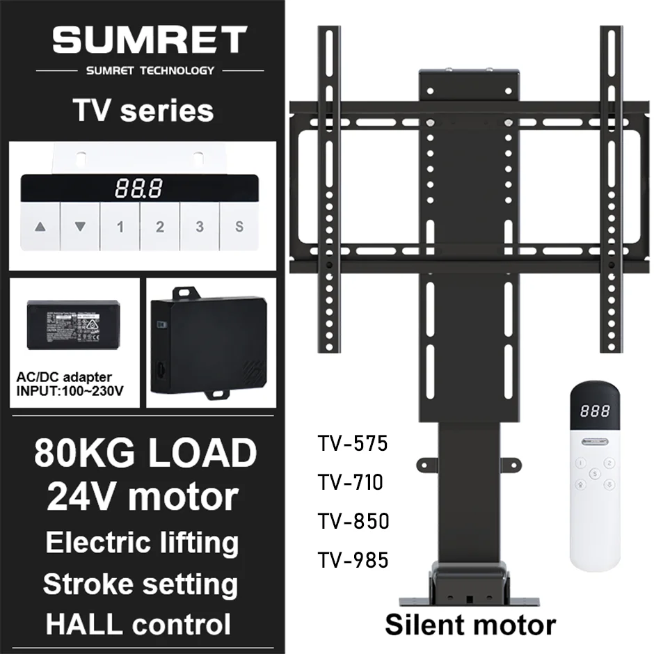 Motorized TV Lift DC Motor 100kg Load Monitor Holder Electric Adjustable Height with Remote Control 900MM 650MM 1500MM Stroke