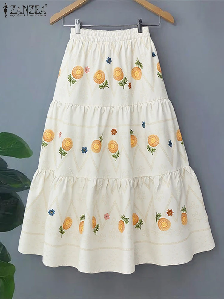 ZANZEA Women Floral Print Long Skirts Casual Elastic Waist A-Line Tiered Skirt Autumn Korean Fashion Loose Woman Clothes S-3XL