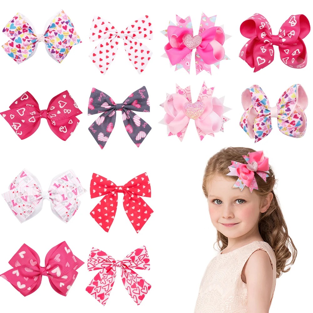 ncmama Valentine's Day Bows Hair Clip for Girls Cartoon Heart Love Printed Hairbows Hairpins Girl Hair Accessoires Headwear