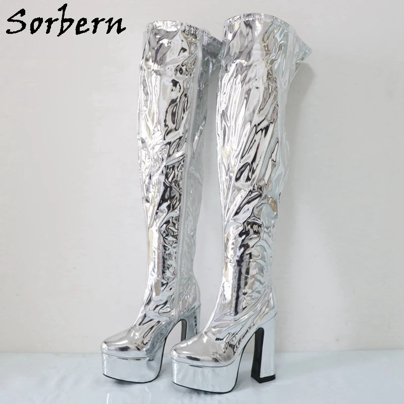 Sorbern Metallic Silver Over The Knee Boots For Women Block High Heel Platform Fetish Boots For Drag Queen Gaga Heels Custom